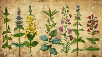 Generate an old engraving style botanical chart of medicinal herbs and their uses