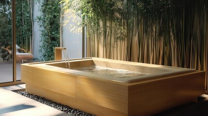 zen-inspired minimalist bathroom, freestanding stone tub, bamboo accents, serene water feature