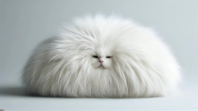 Fluffy white Persian cat with an ultra-long fur coat, looking like a soft, round cloud, sits serenely on a neutral background, almost blending in with its surroundings.