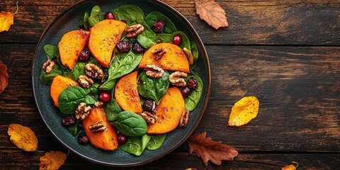 Roasted pumpkin salad with spinach and walnut on a black plate on a old wooden background. Top view