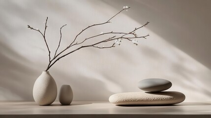 zen-inspired product display with smooth river stones, delicate branch, and neutral-toned backdrop, soft shadows enhancing texture