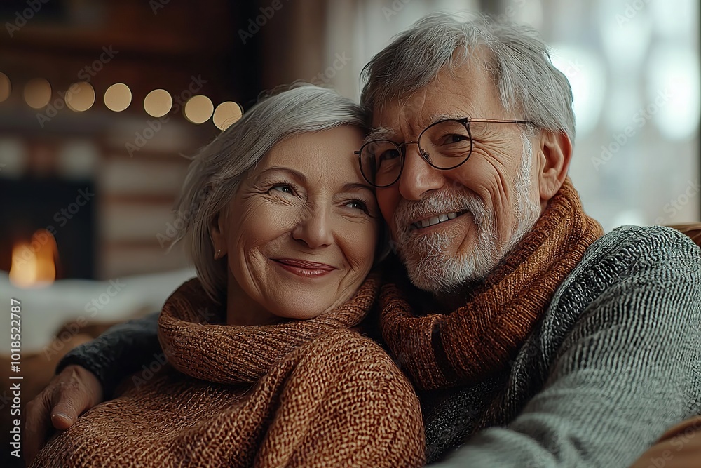 Wall mural joyful elderly couple sharing laughter and love in a warm setting