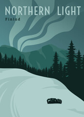 view of mountains and northern lights in finland, landscape poster illustration design