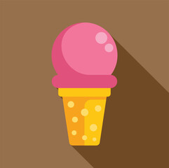 Single strawberry ice cream scoop resembling a big pink bubblegum ball is standing on waffle cone with chocolate glaze on brown background