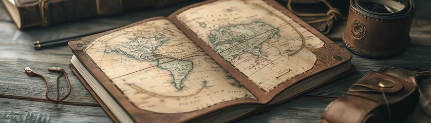 Obraz premium Vintage world map in old book, surrounded by compass and leather pouch on wooden table, evoking exploration and adventure spirit.