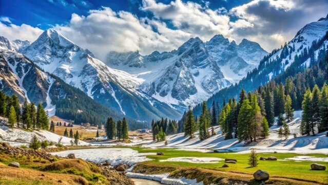 Beautiful mountain landscape with snow in Sonamarg, Jammu and Kashmir, Neelum Valley, Kashmir Pakistan, mountains