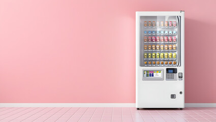 a minimalist and modern-style vending machine set against a pastel pink wall. Small business, self-service vending machines in public places. machine vending at the station