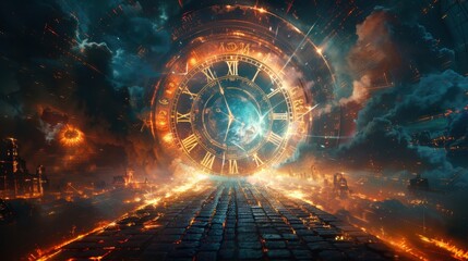 Produce a 3D effect movie poster for a time-travel adventure, with elements from different eras overlapping