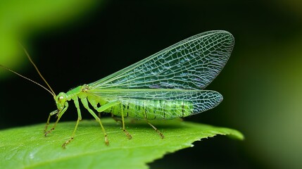 Green Insect with Delicate Wings on a Leaf