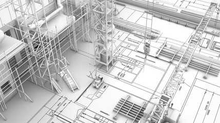 Construction site blueprint with cranes and scaffolding, showcasing detailed architectural plans and machinery. scene reflects busy industrial environment