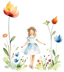 a little girl standing in a field of flowers Watercolor illustration