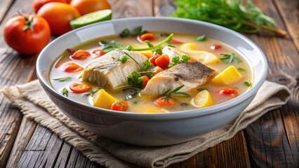 Fish soup served in a stylish bowl with garnish, delicious, appetizing, seafood, culinary, gourmet, cuisine, kitchen, healthy, nutrition