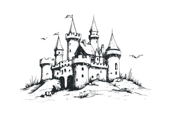 Detailed sketch of a medieval castle with towers. Vector retro hand drawn illustration.
