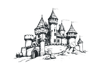 Fototapeta premium Medieval castle with towers and flags. Vector retro hand drawn illustration.