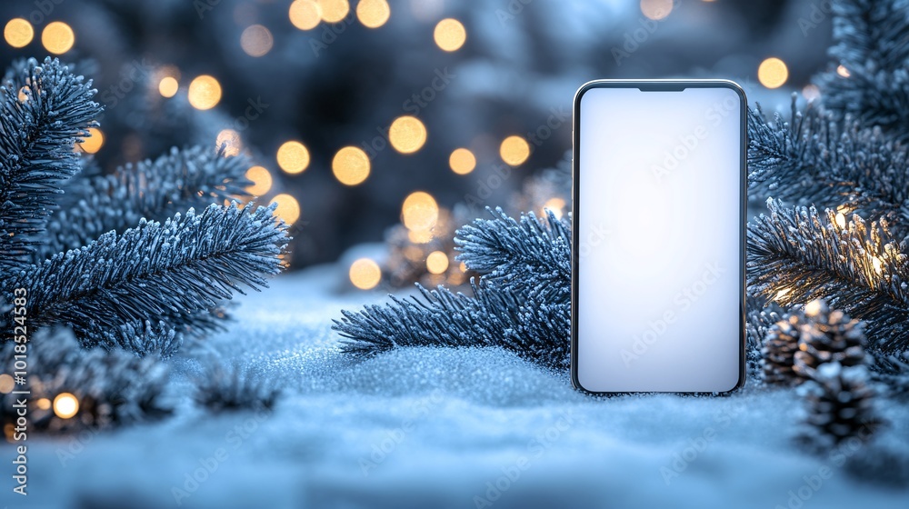 Poster photorealistic with side space for letters smartphone mock-up surrounded by christmas lights and min