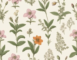Colorful floral pattern with assorted flowers on a pale background suitable for fabric or wallpaper