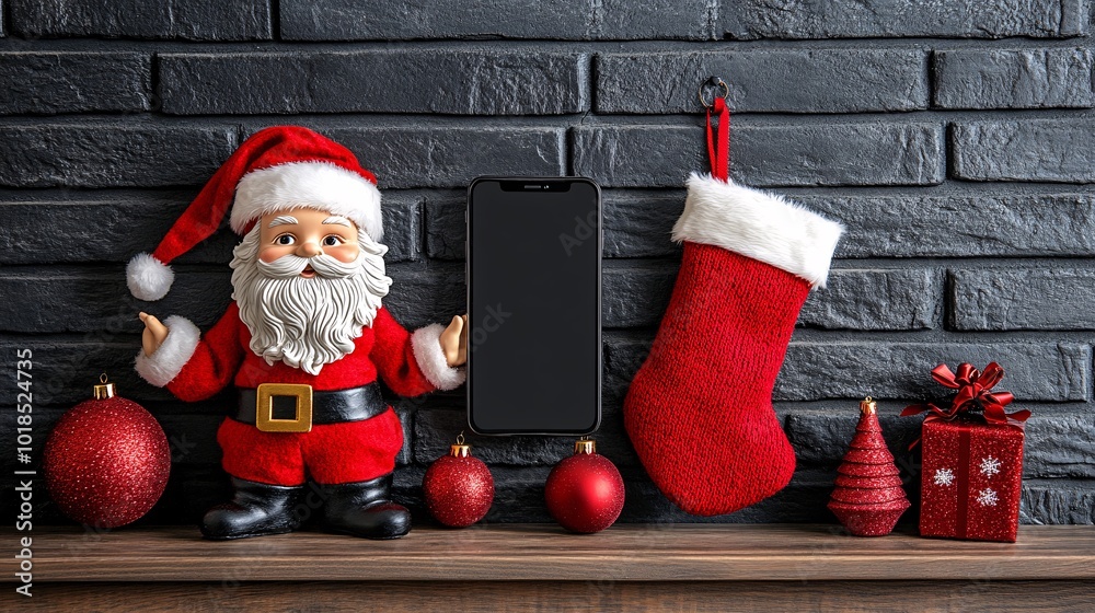 Aufkleber photorealistic with side space for letters smartphone mock-up placed vertically on a wooden mantle b