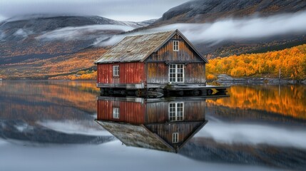 Fototapeta premium Cabin Reflection on a Calm Autumn Lake