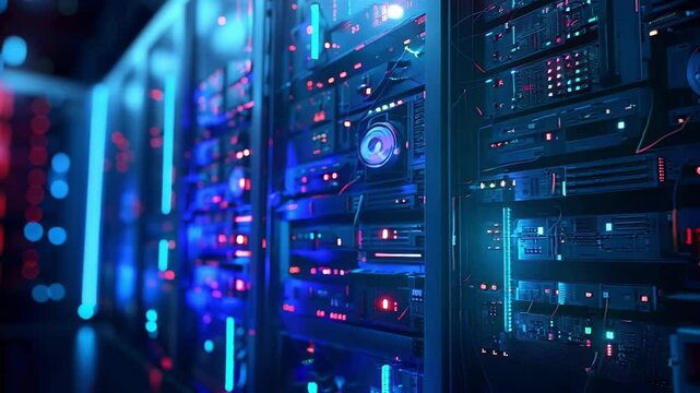 Lights blink in a server room, showcasing innovative tech and data storage. Blue and red hues add a modern touch to the high tech setting