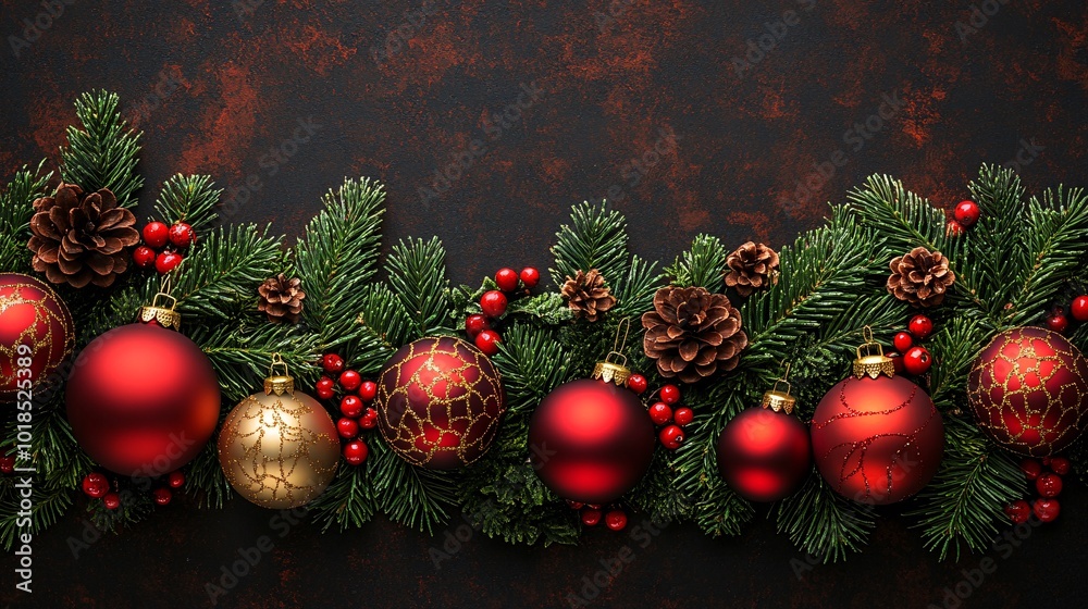 Aufkleber Photorealistic with side space for letters Card mock-up on a table surrounded by festive greenery and colorful holiday baubles Stock Photo with copy space