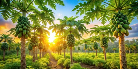 Obraz premium A vibrant papaya orchard bathed in the golden light of a tropical sunset, the rows of trees laden with ripe fruit, creating a picturesque vista of lush greenery and vibrant life.
