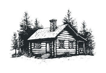 Evergreen tree silhouettes on white. Vector retro hand drawn illustration.