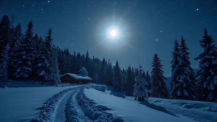 Moonlit night beautiful snow falling