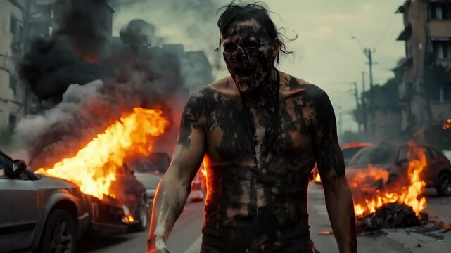 A mutilated zombie with scorched skin walks through a street filled with burning vehicles, thick smoke billowing around and flames reflecting in its dead eyes