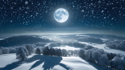 Moonlit night beautiful snow falling