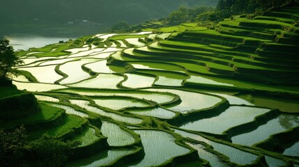A serene sunrise over terraced rice fields, with vibrant green landscapes and calm waters creating a peaceful, breathtaking scene.