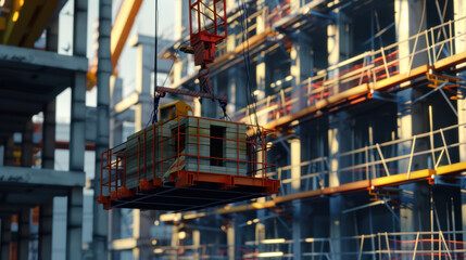 Construction site with crane lifting materials, showcasing scaffolding and building structures. scene captures dynamic environment of urban development