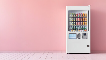 a minimalist and modern-style vending machine set against a pastel pink wall. Small business, self-service vending machines in public places. machine vending at the station
