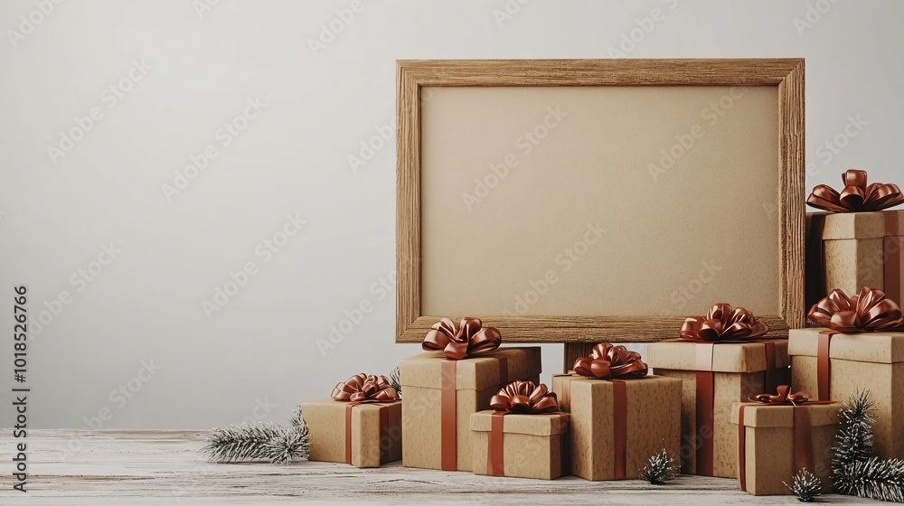 Poster isolated on white background with side space for letters 3d-render clay style gift boxes with ribbon
