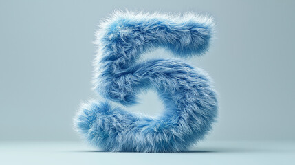 Fototapeta premium A fluffy blue number five stands prominently against a soft gray background in a creative design setting