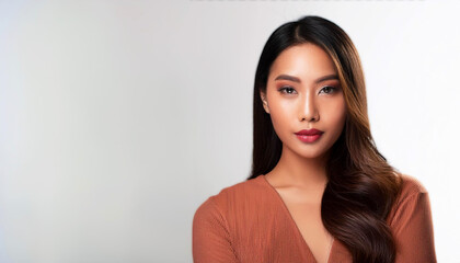 Obraz premium a young woman with a serious yet composed expression. Her long, straight dark hair complements her poised demeanor, personal branding, corporate use, business websites