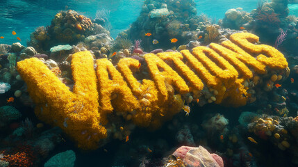 Underwater coral reef featuring vibrant yellow text promoting vacations amid diverse marine life