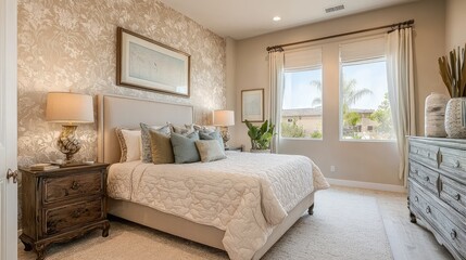Elegant bedroom interior featuring a cozy bed, stylish decor, and natural light from large windows, perfect for relaxation.