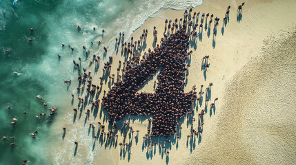 Aerial view of a large group of people forming the number four on a beach during a sunny day