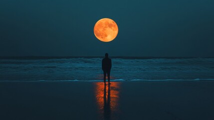 A man stands on the beach at night, looking up at the full moon. The scene is serene and peaceful, with the man alone on the beach and the moon shining brightly in the sky
