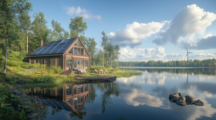 Obraz premium Tranquil Lakeside Cabin with Solar Panels