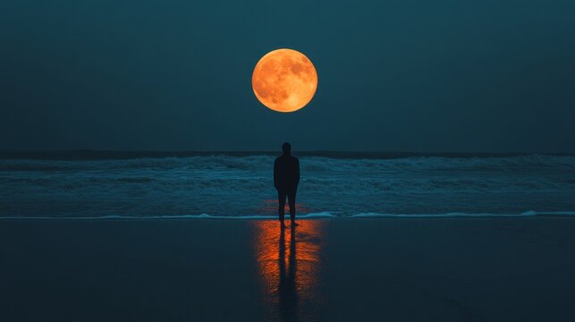 A man stands on the beach at night, looking up at the full moon. The scene is serene and peaceful, with the man alone on the beach and the moon shining brightly in the sky