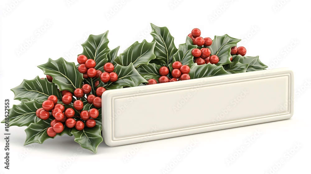 Poster Isolated on white background with side space for letters 3d-render clay style holly leaves and berries placed beside an empty sign for holiday promotions Stock Photo with copy space