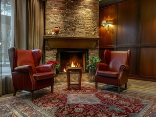 Fototapeta premium Cozy Hotel Lounge Fireside Retreat