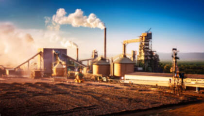 large industrial oil refinery or chemical plant, Blurred image, tall smokestacks and various structures indicate a bustling energy or manufacturing environment, blurred effect