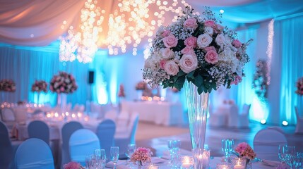 Elegant floral arrangement in a beautifully decorated venue with soft blue lighting, perfect for weddings and special events.