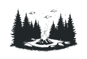 Obraz premium Campfire amid serene pine trees. Vector retro hand drawn illustration.