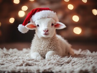 Photo of adorable white lamb wearing santa hat on a christmas background 