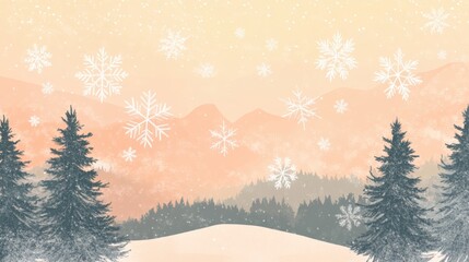 A sparkling snowflake pattern falling gently against a backdrop of trees and hills, celebrating the quiet beauty of winter