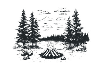 Campfire by a serene lake surrounded by pine trees. Vector retro hand drawn illustration.