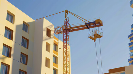 Construction crane towering over building site, showcasing modern architecture and urban development. clear blue sky adds to vibrant atmosphere of construction scene